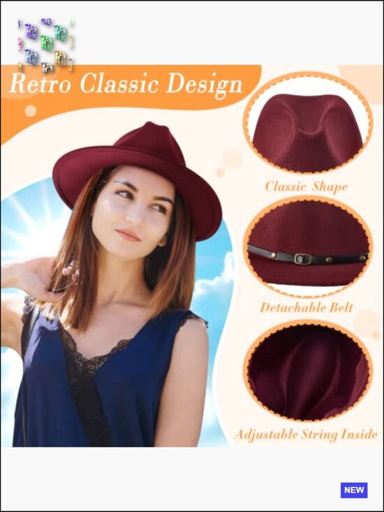 6 Pack Felt Wide Brim Fedora Hats with Belt Buckle Vintage Boho Panama Hat Felt Wide Brim Fedora Hat with Belt Buckle Vintage Boho  main image 3